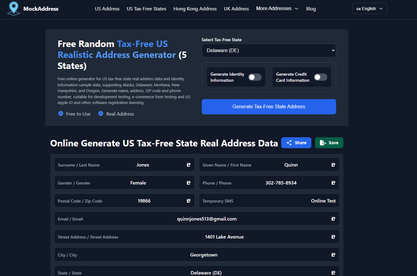mockaddress Example image from the homepage of the US Fire State Address Generator.